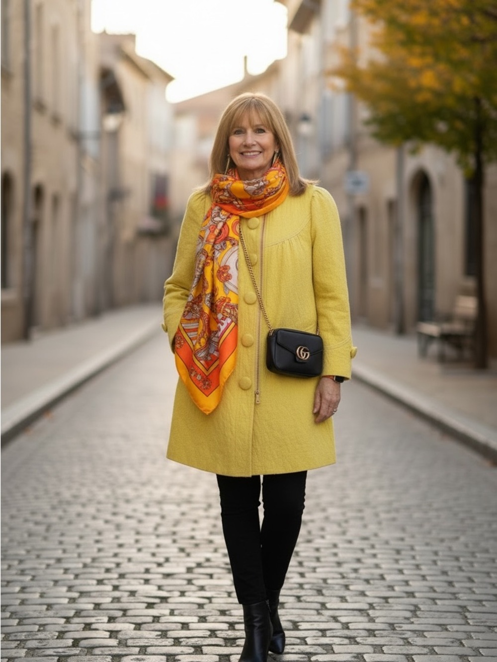 Veeko retro-inspired Yellow textured cotton swing coat button trim m